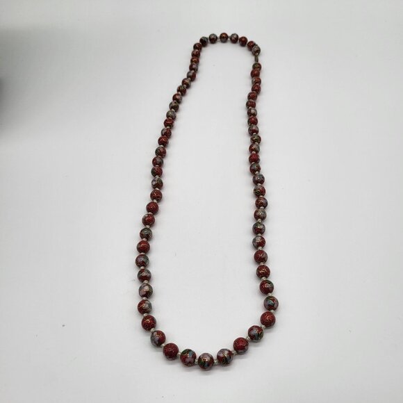 VTG Cloisonne Chinese Beaded Knotted Necklace Red Gold Floral - Picture 5 of 7